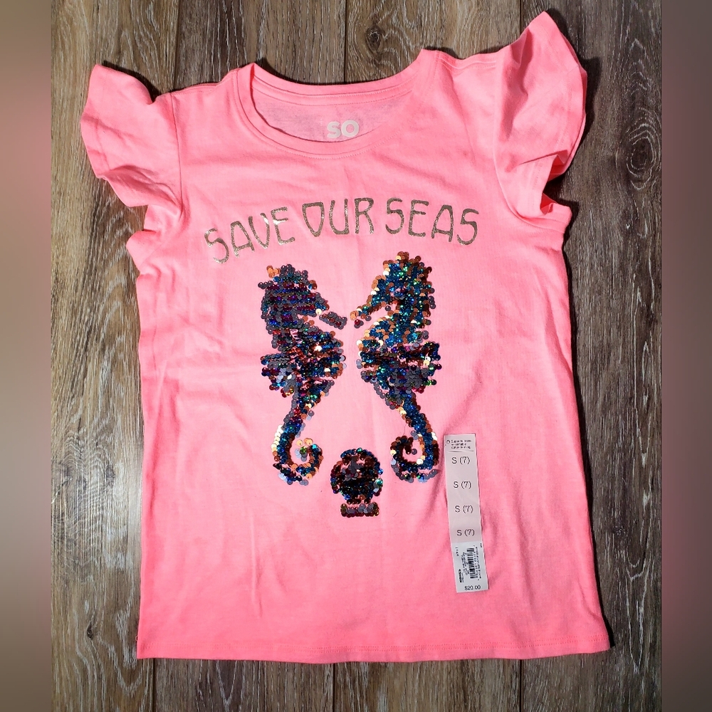 SO Kids Neon Pink Sequin Seahorse Ruffled Capped Sleeve Tee Size 7